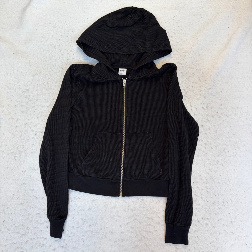 Tna Waffle Knit Zip Up Hoodie Womens Medium Black Cropped Thermal